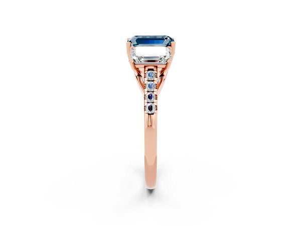 Rose gold Three-Stone Emerald Cut Aquamarine Ring with Round  Pavé Band and Prong Setting