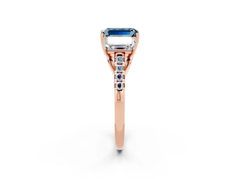 Rose gold Three-Stone Emerald Cut Aquamarine Ring with Pavé Band and Prong Setting_14