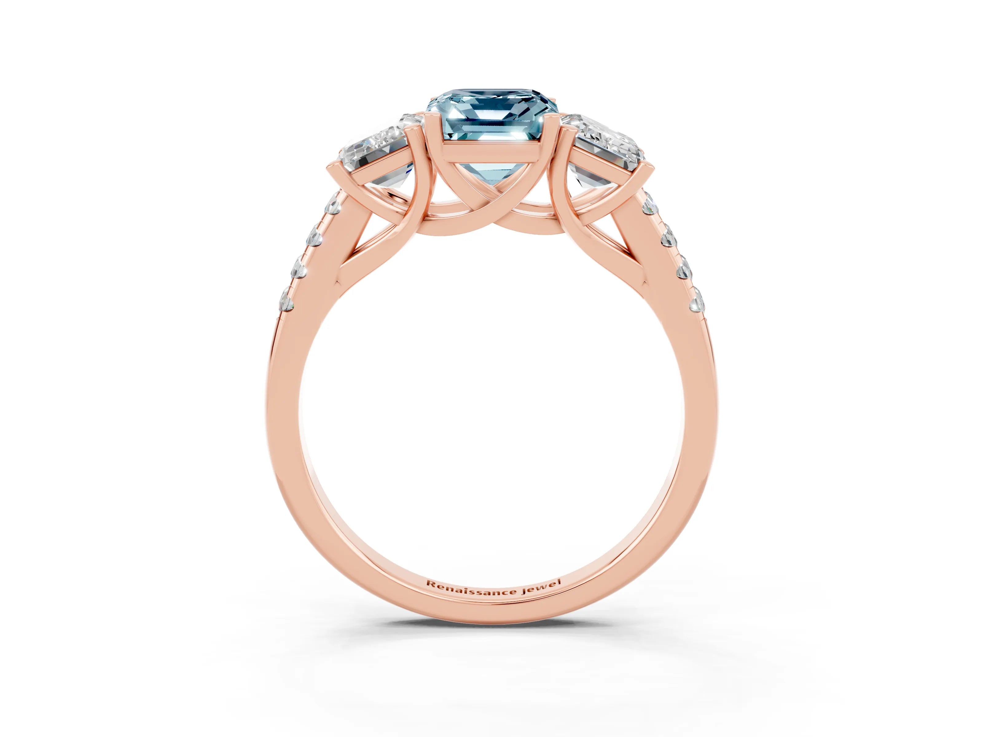 Rose gold Three-Stone Emerald Cut Aquamarine Ring with Pavé Band and Prong Setting_15