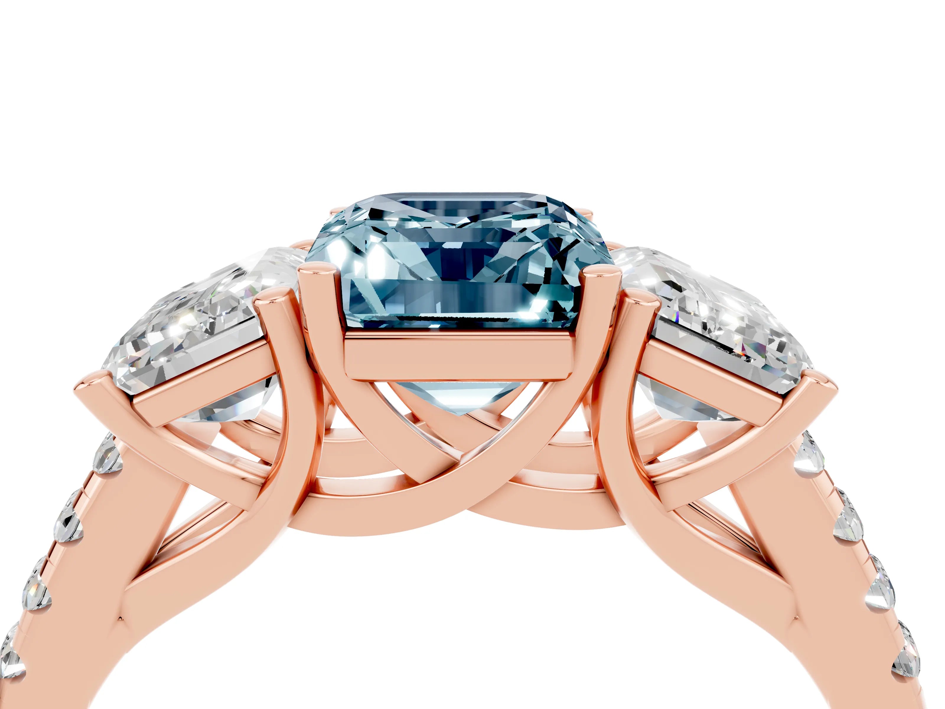 Rose gold Three-Stone Emerald Cut Aquamarine Ring with Pavé Band and Prong Setting_16