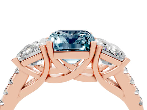 Rose gold Three-Stone Emerald Cut Aquamarine Ring with Pavé Band and Prong Setting_16