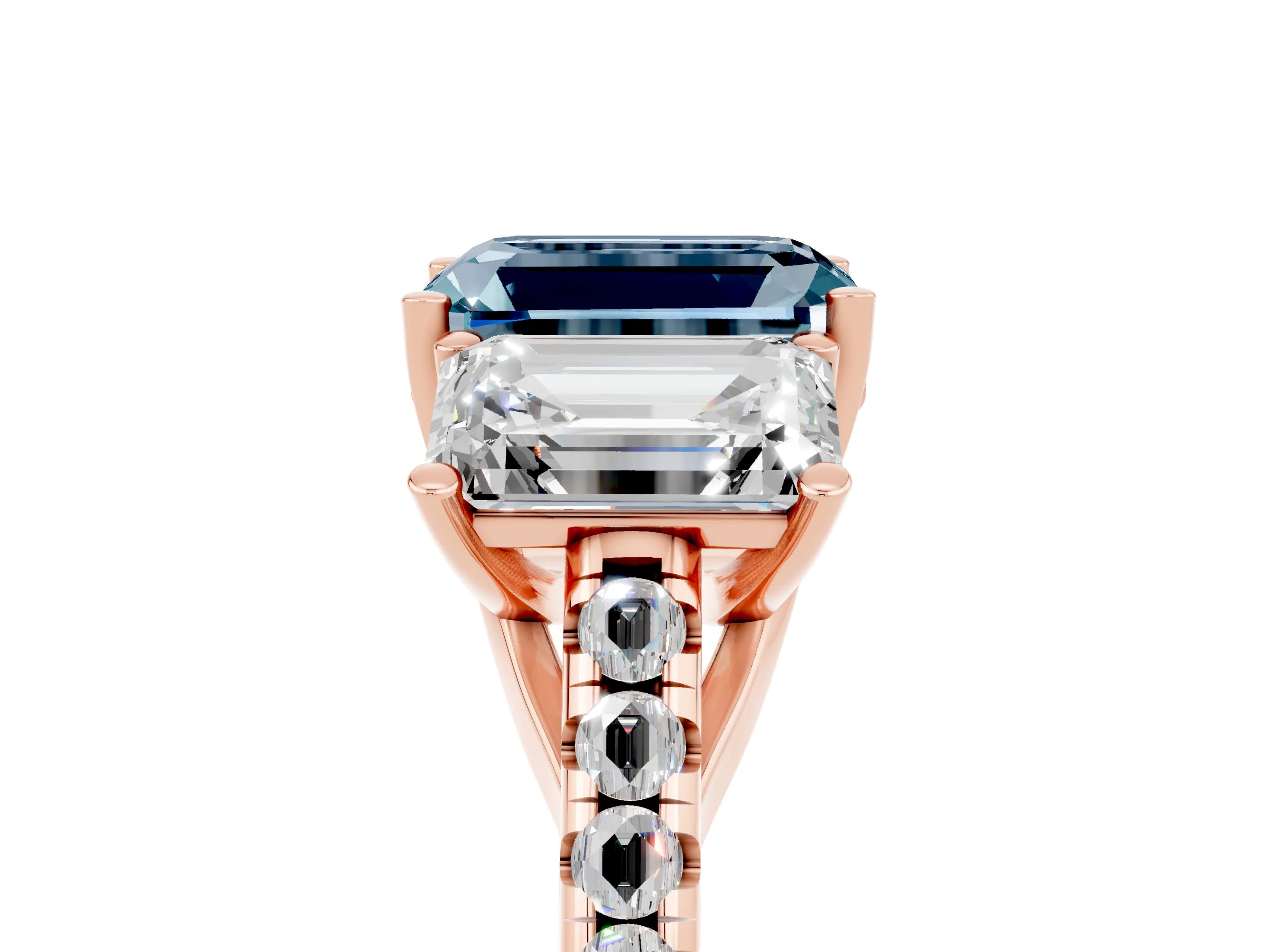 Rose gold Three-Stone Emerald Cut Aquamarine Ring with Pavé Band and Prong Setting_17