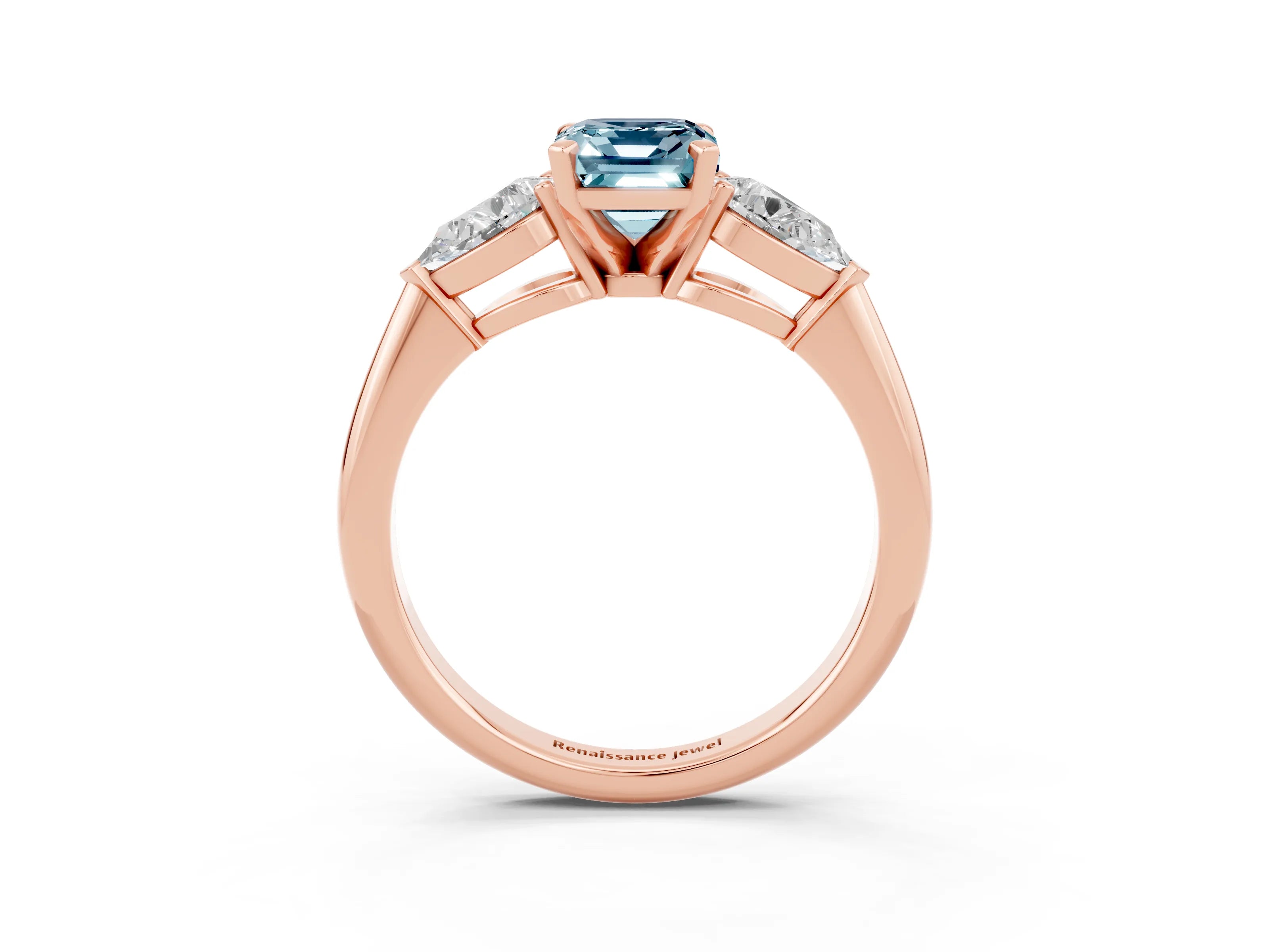 Rose gold Three-Stone Emerald Cut Aquamarine Ring with Pear Side Stones and Four-Prong Setting_3