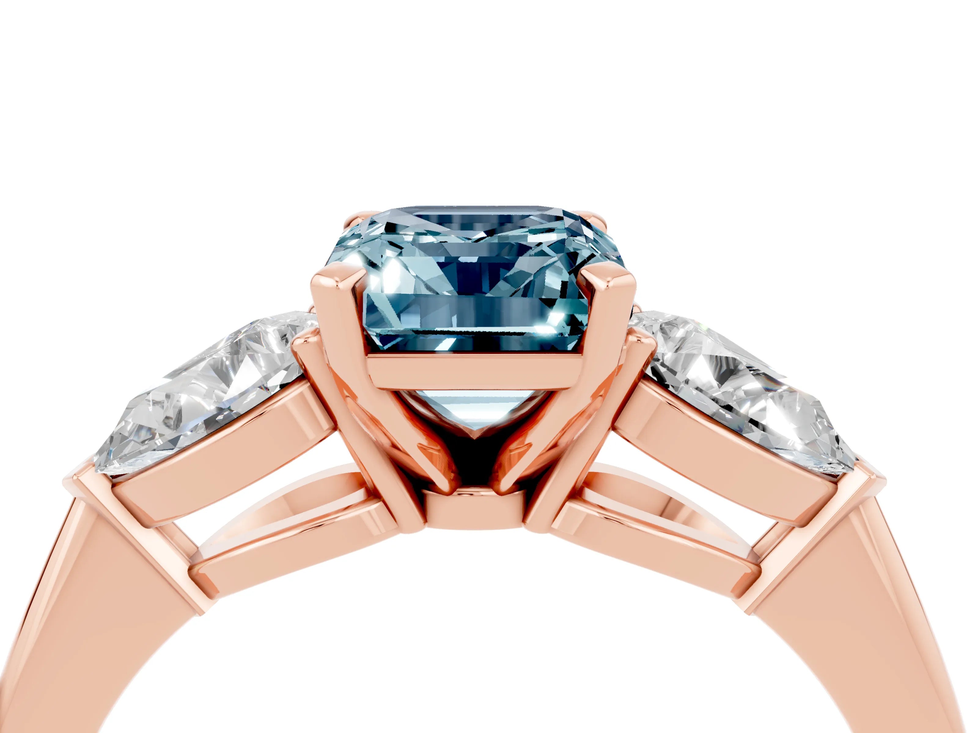 Rose gold Three-Stone Emerald Cut Aquamarine Ring with Pear Side Stones and Four-Prong Setting_4