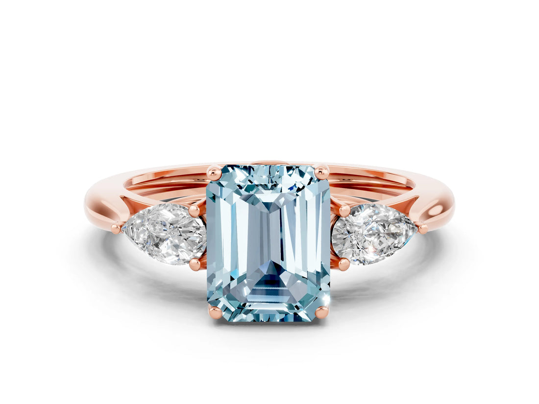 Rose gold Three-Stone Emerald Cut Aquamarine Ring with Pear  Side Stones in Four-Prong Setting_12