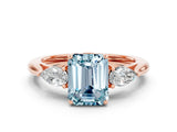 Rose gold Three-Stone Emerald Cut Aquamarine Ring with Pear  Side Stones in Four-Prong Setting_12