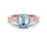 Rose gold Three-Stone Emerald Cut Aquamarine Ring with Pear  Side Stones in Four-Prong Setting_36
