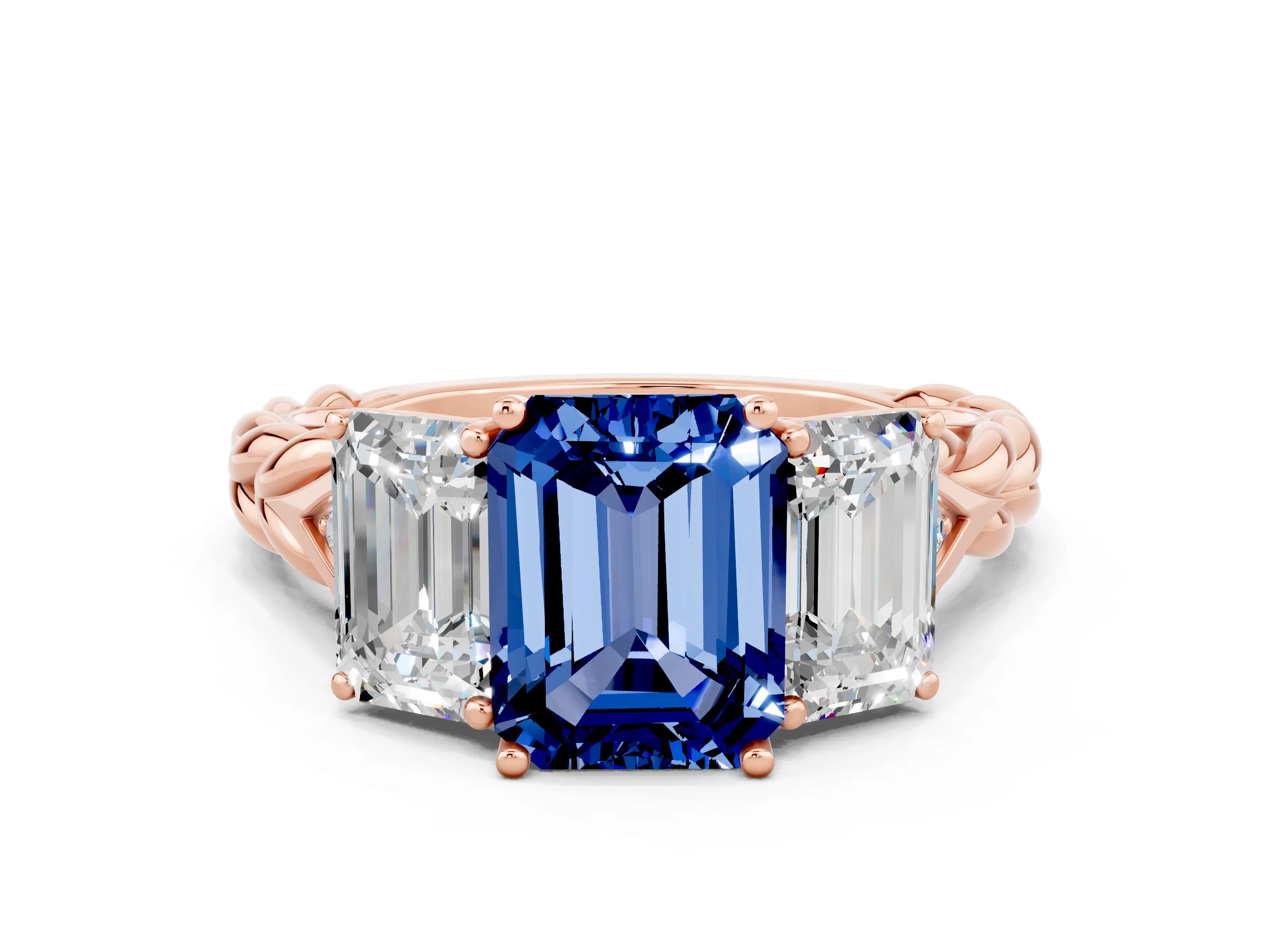 Rose gold Three-Stone Emerald Cut Blue Sapphire Braided Band Ring with Four-Prong Setting_36