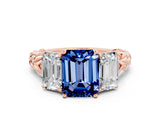 Rose gold Three-Stone Emerald Cut Blue Sapphire Braided Band Ring with Four-Prong Setting_36