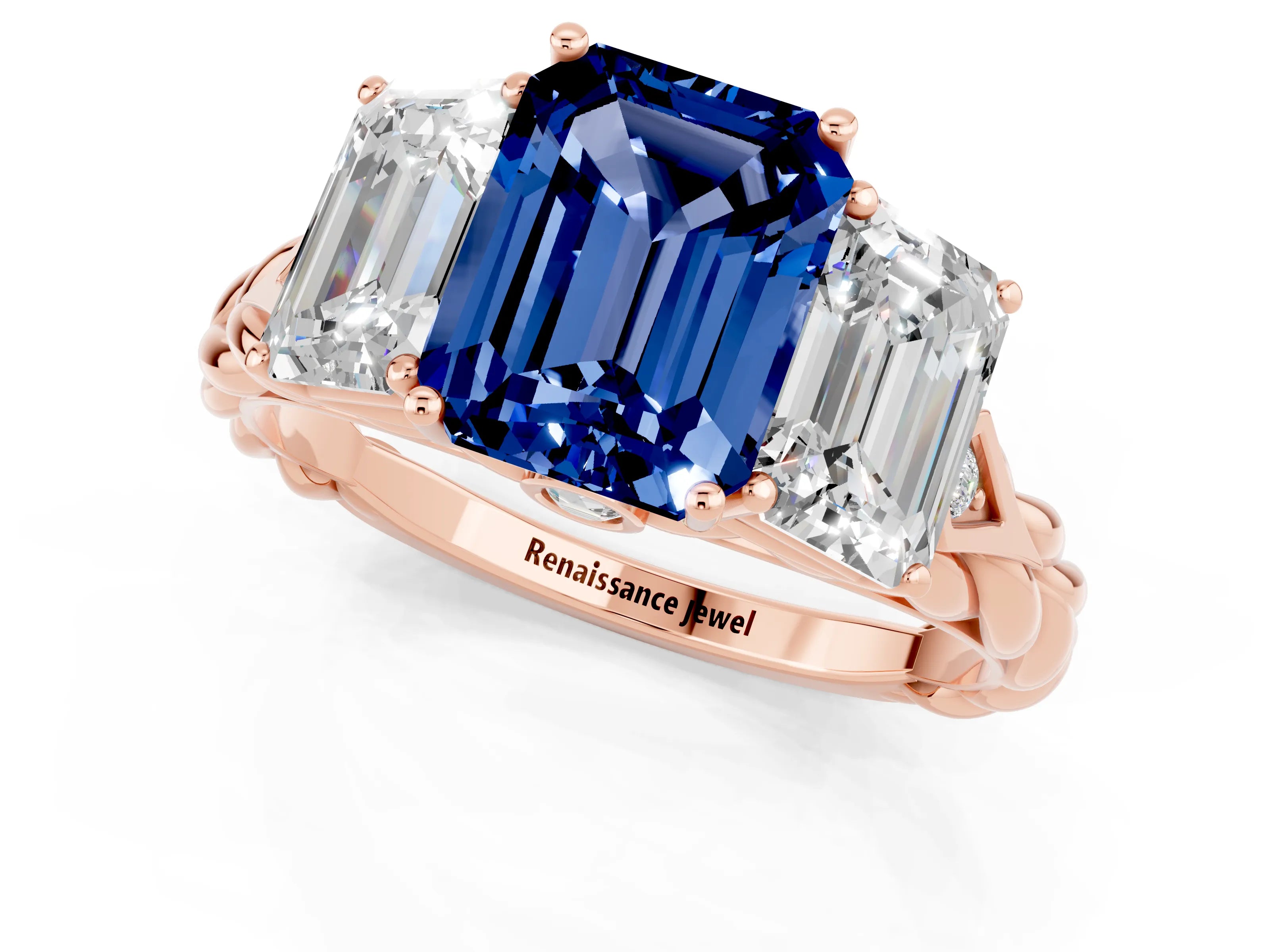 Rose gold Three-Stone Emerald Cut Blue Sapphire Braided Band Ring with Four-Prong Setting_37