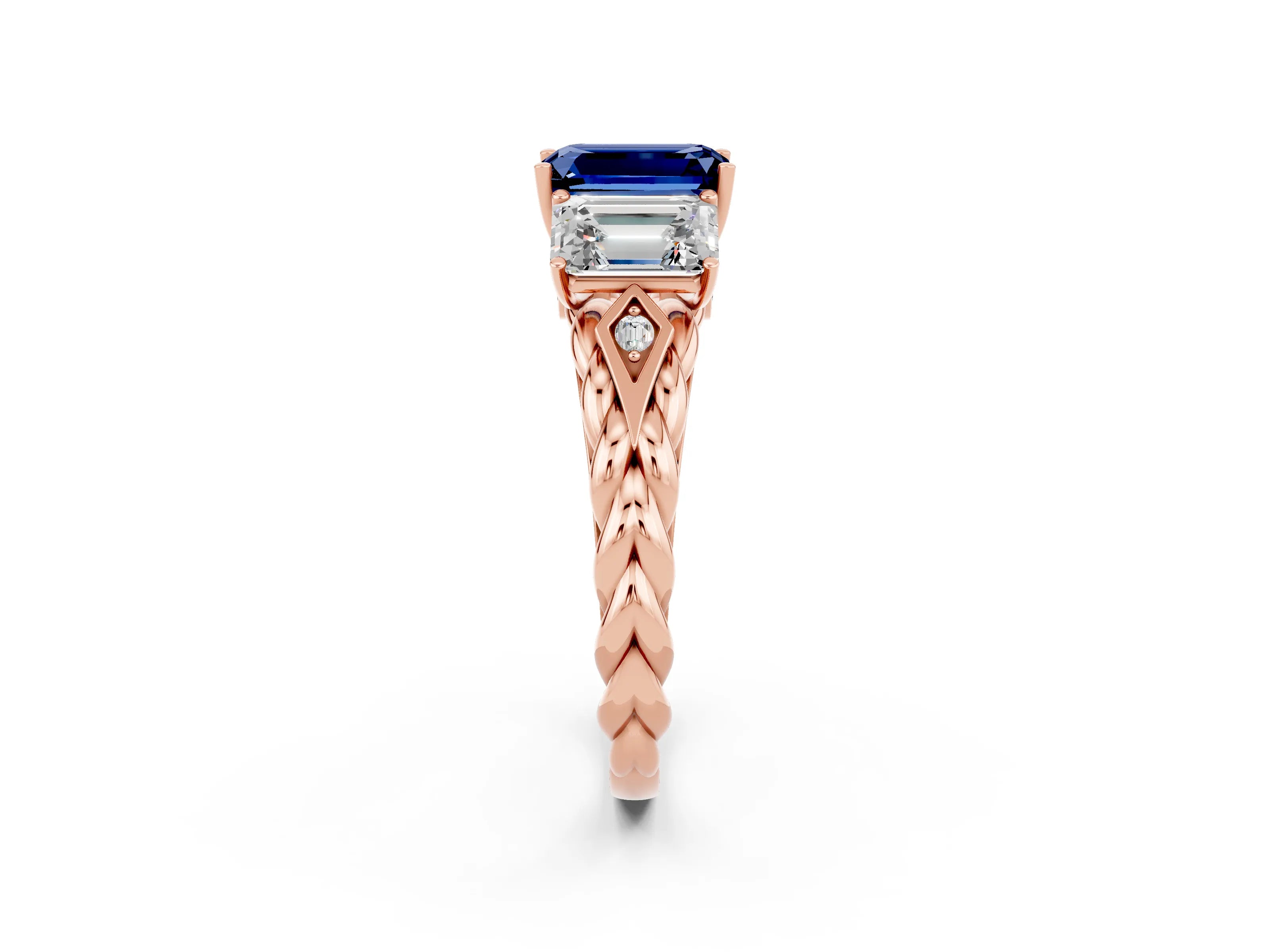 Rose gold Three-Stone Emerald Cut Blue Sapphire Braided Band Ring with Four-Prong Setting_38