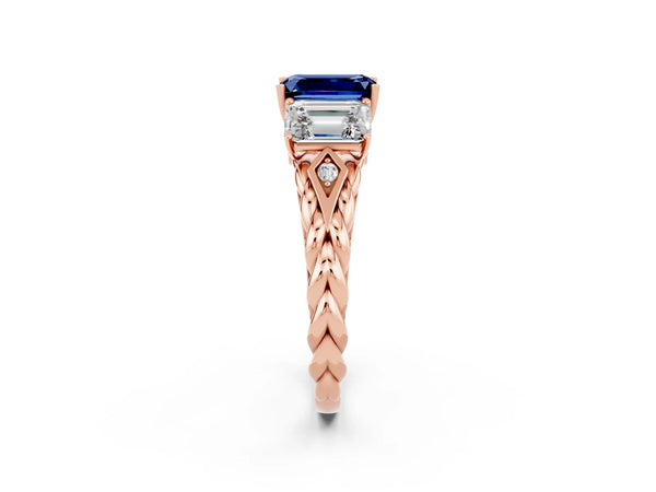 Rose gold Three-Stone Emerald Cut Blue Sapphire Braided Band Ring with Four-Prong Setting