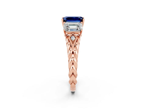 Rose gold Three-Stone Emerald Cut Blue Sapphire Braided Band Ring with Four-Prong Setting_38