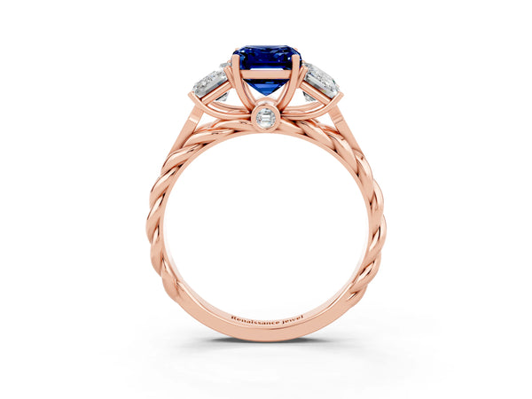 Rose gold Three-Stone Emerald Cut Blue Sapphire Braided Band Ring with Four-Prong Setting