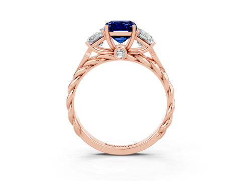 Rose gold Three-Stone Emerald Cut Blue Sapphire Braided Band Ring with Four-Prong Setting_39