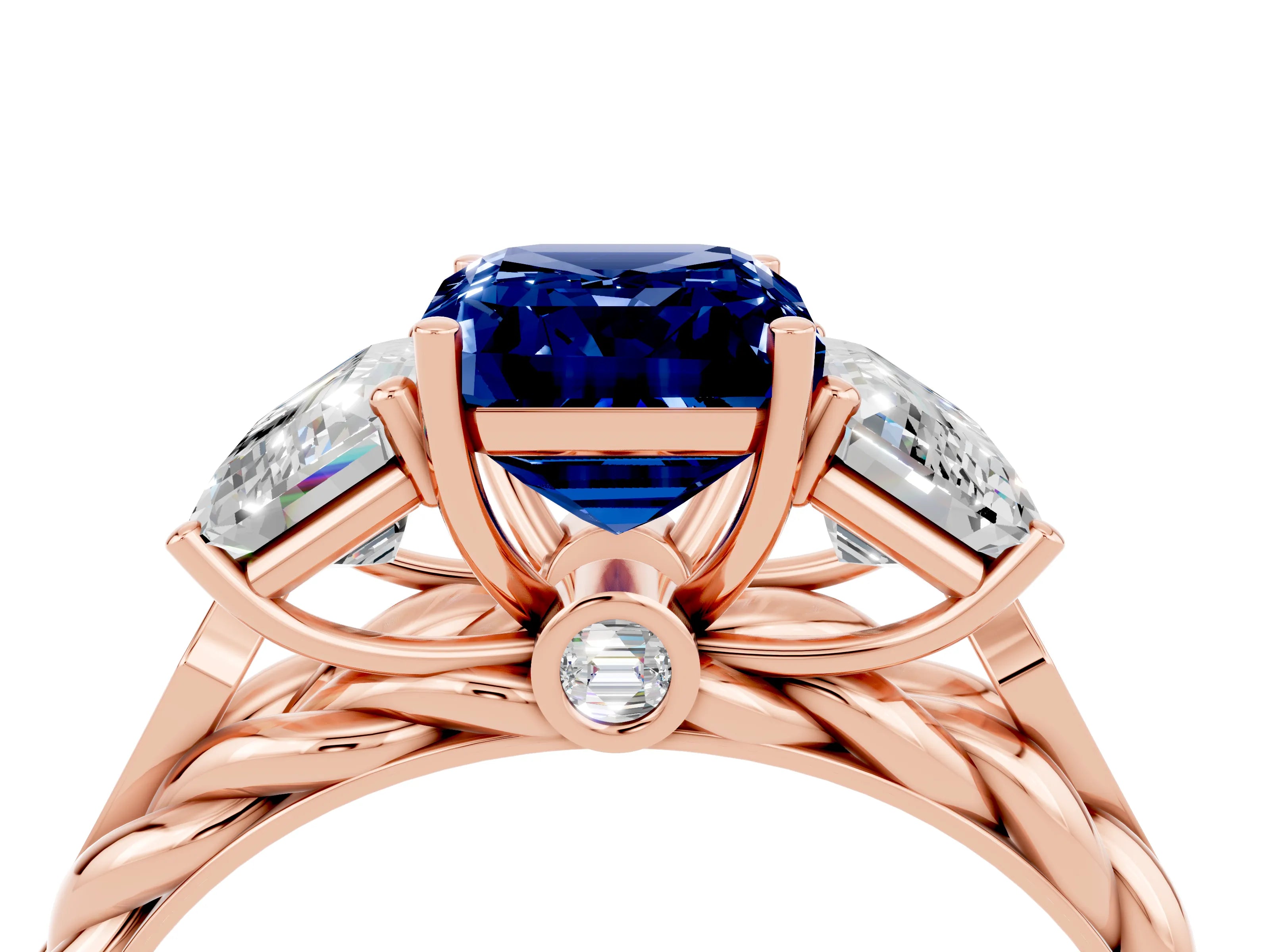 Rose gold Three-Stone Emerald Cut Blue Sapphire Braided Band Ring with Four-Prong Setting_40