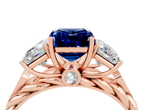 Rose gold Three-Stone Emerald Cut Blue Sapphire Braided Band Ring with Four-Prong Setting_40