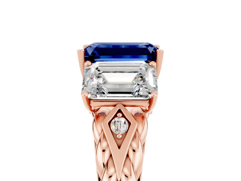 Rose gold Three-Stone Emerald Cut Blue Sapphire Braided Band Ring with Four-Prong Setting_41