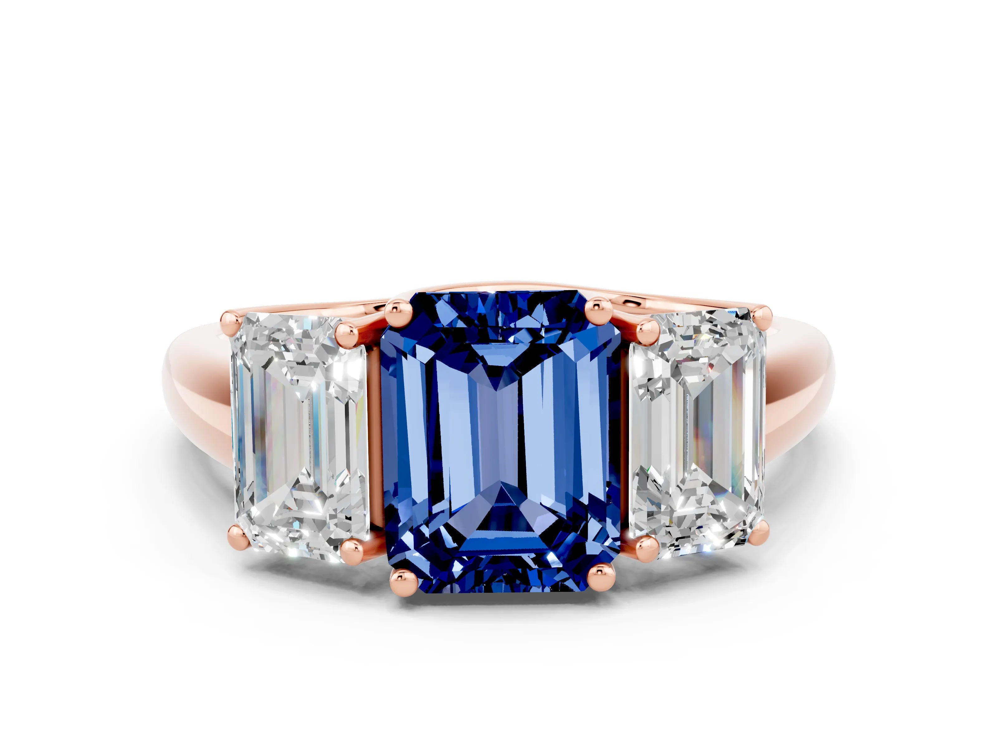 Rose gold Three-Stone Emerald Cut Blue Sapphire Engagement Ring with Prong Setting