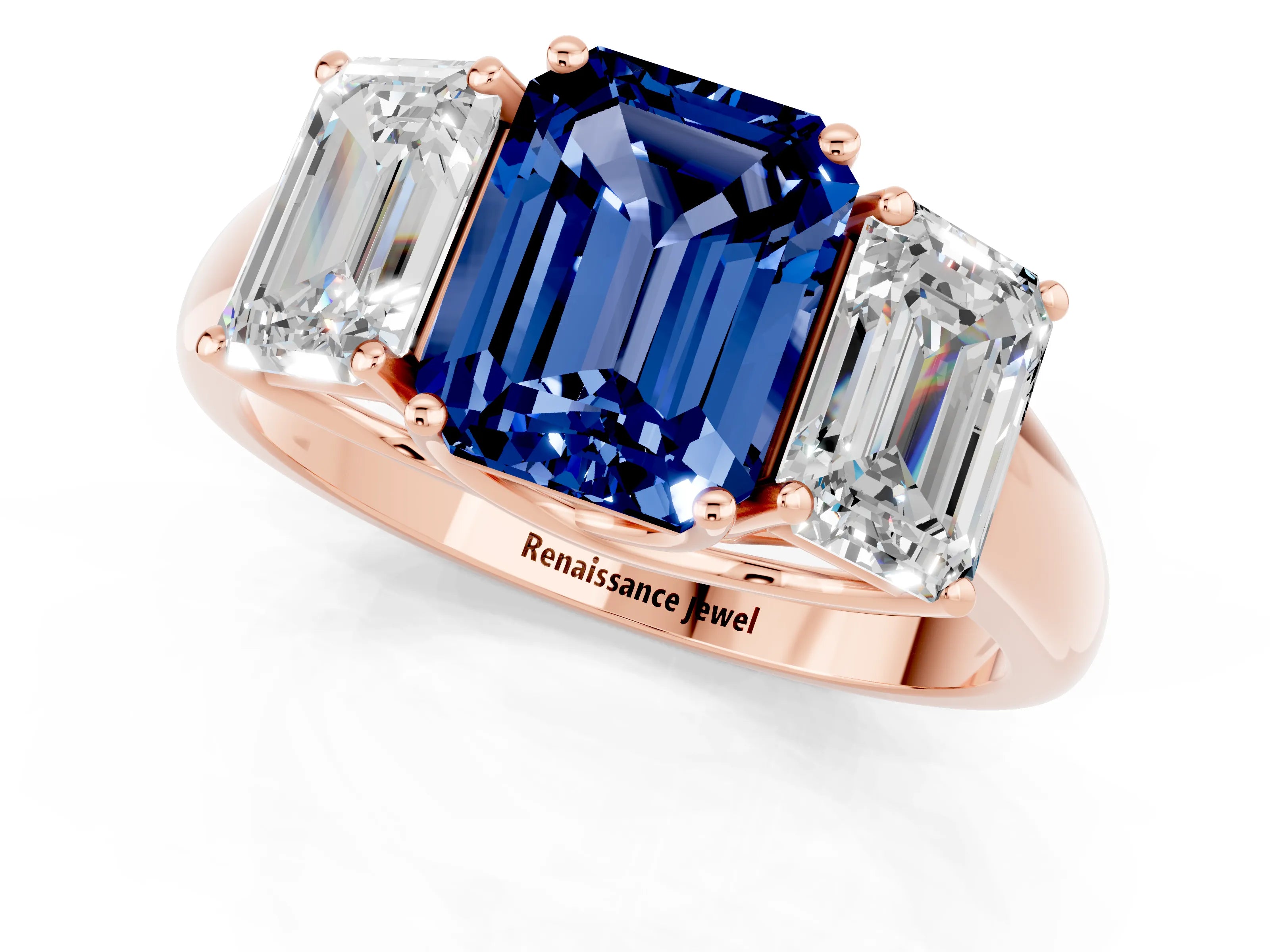 Rose gold Three-Stone Emerald Cut Blue Sapphire Engagement Ring with Prong Setting_1