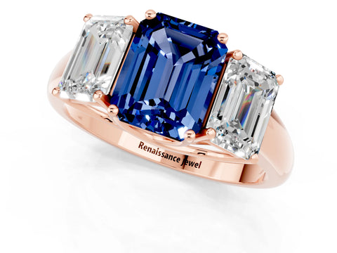 Rose gold Three-Stone Emerald Cut Blue Sapphire Engagement Ring with Prong Setting_1