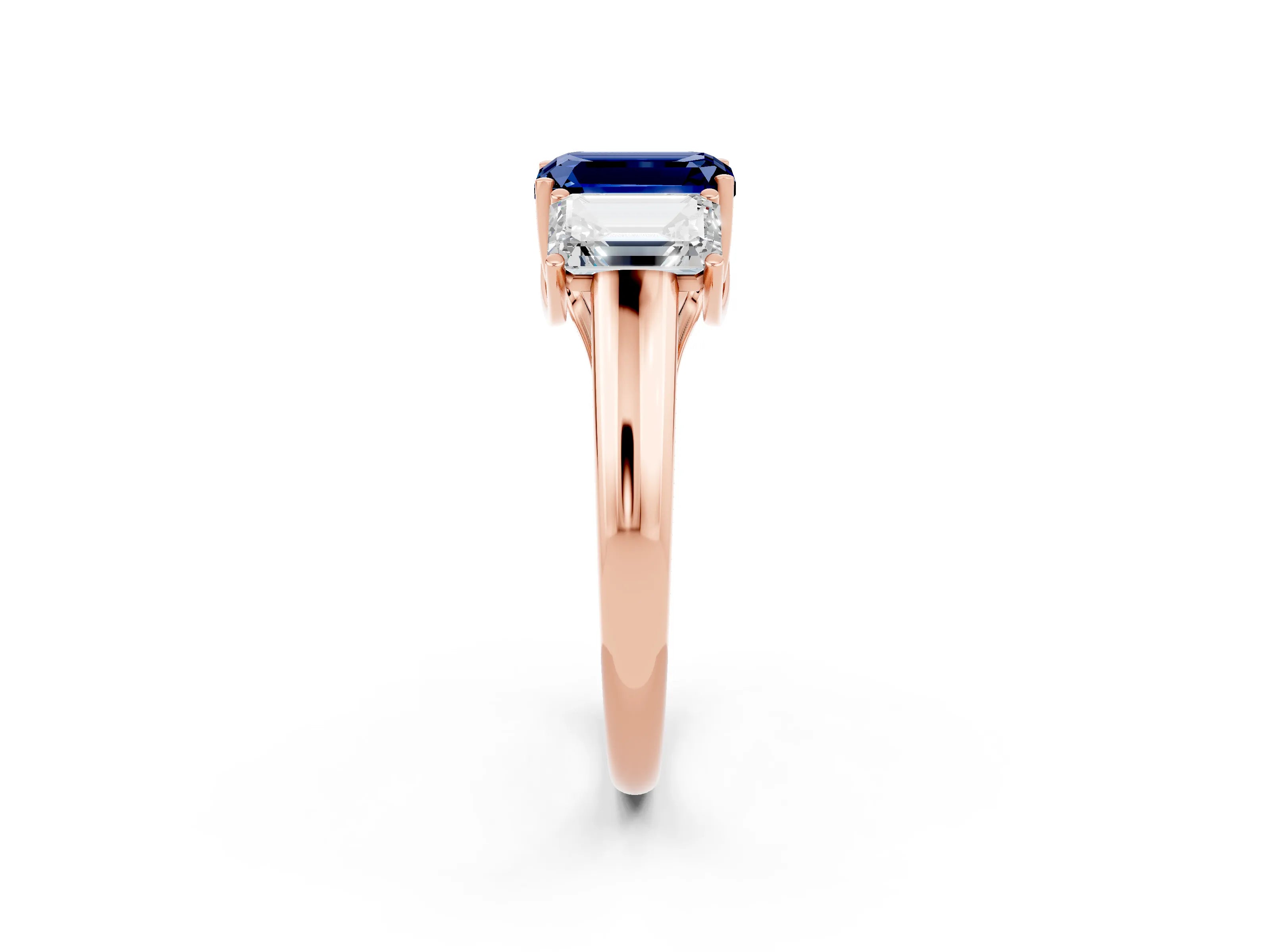 Rose gold Three-Stone Emerald Cut Blue Sapphire Engagement Ring with Prong Setting_2