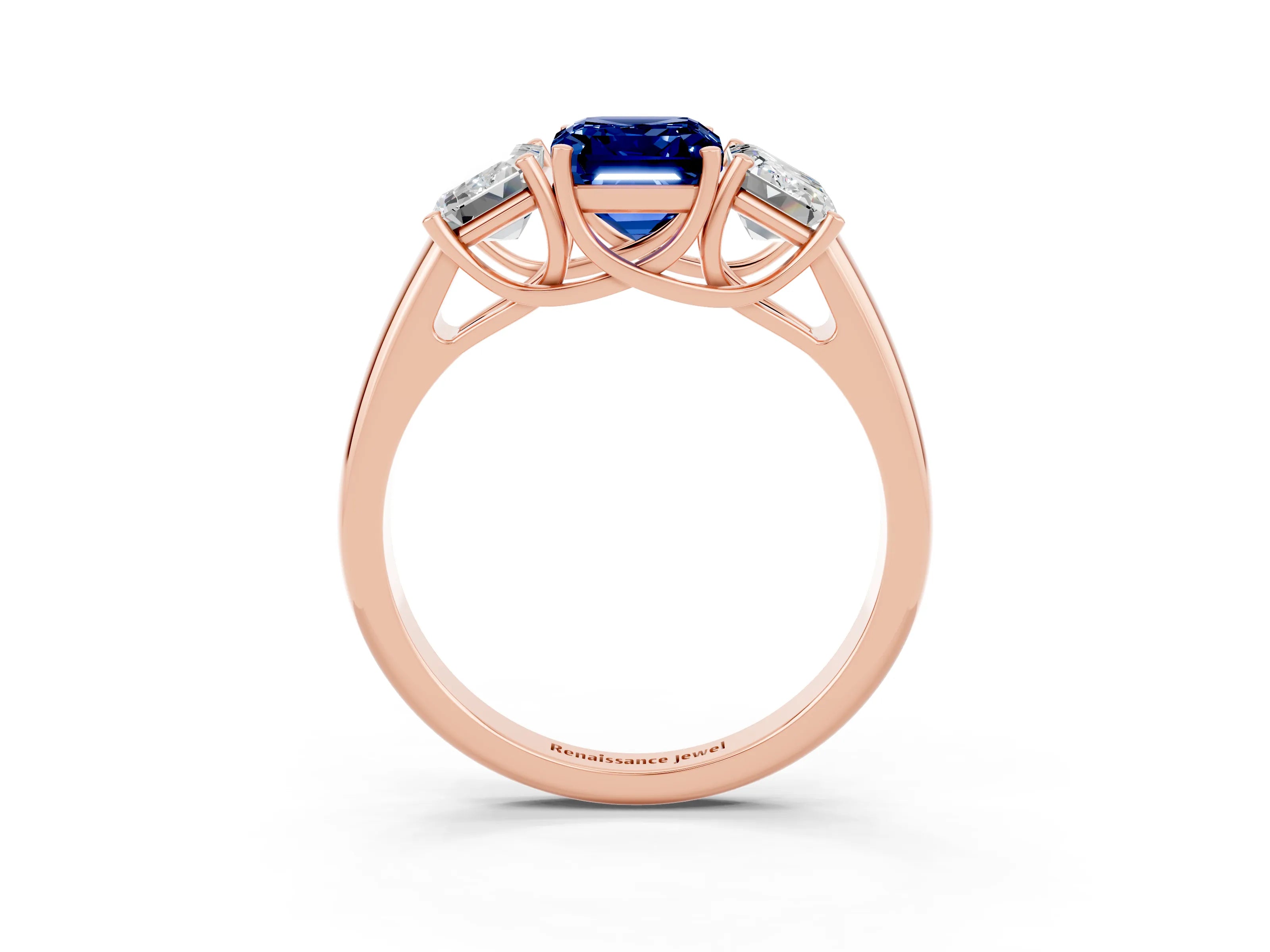 Rose gold Three-Stone Emerald Cut Blue Sapphire Engagement Ring with Prong Setting_3