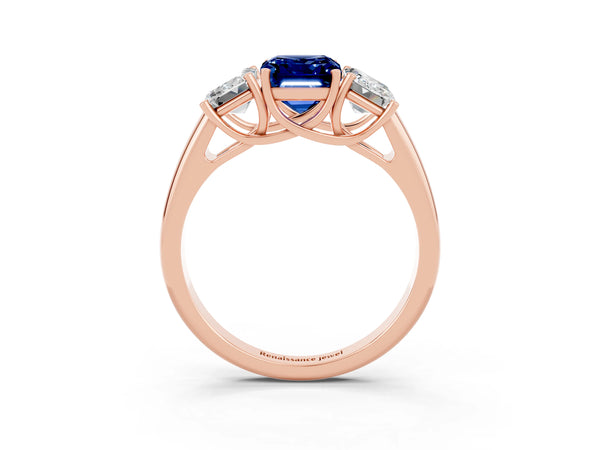 Rose gold Three-Stone Emerald Cut Blue Sapphire Engagement Ring with Prong Setting