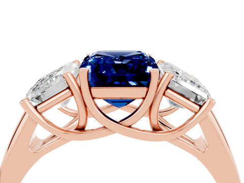 Rose gold Three-Stone Emerald Cut Blue Sapphire Engagement Ring with Prong Setting_4