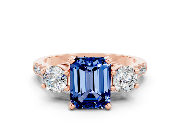 Rose gold Three-Stone Emerald Cut Blue Sapphire Pavé Band with Four-Prong Setting