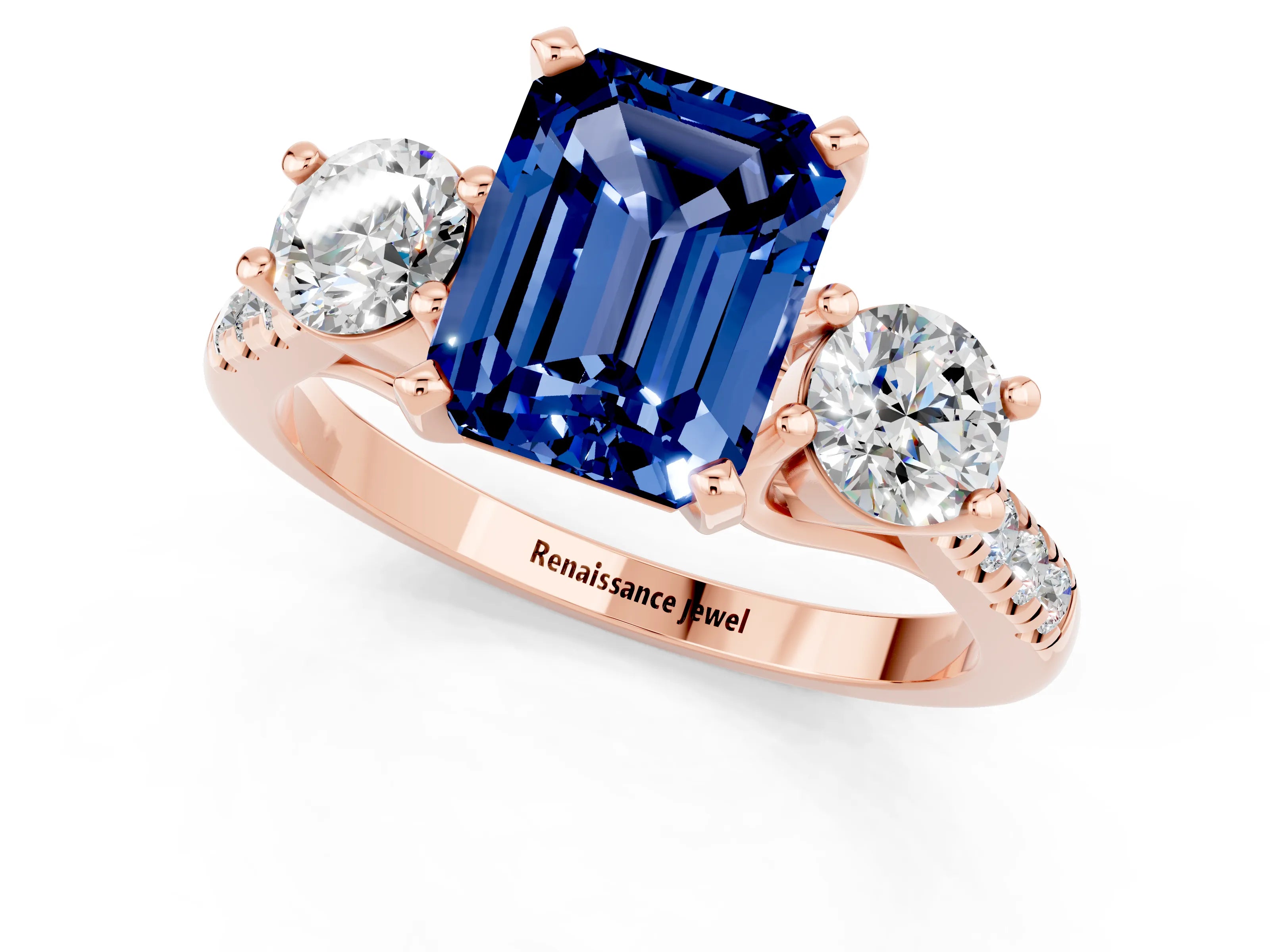Rose gold Three-Stone Emerald Cut Blue Sapphire Pavé Band with Four-Prong Setting_1