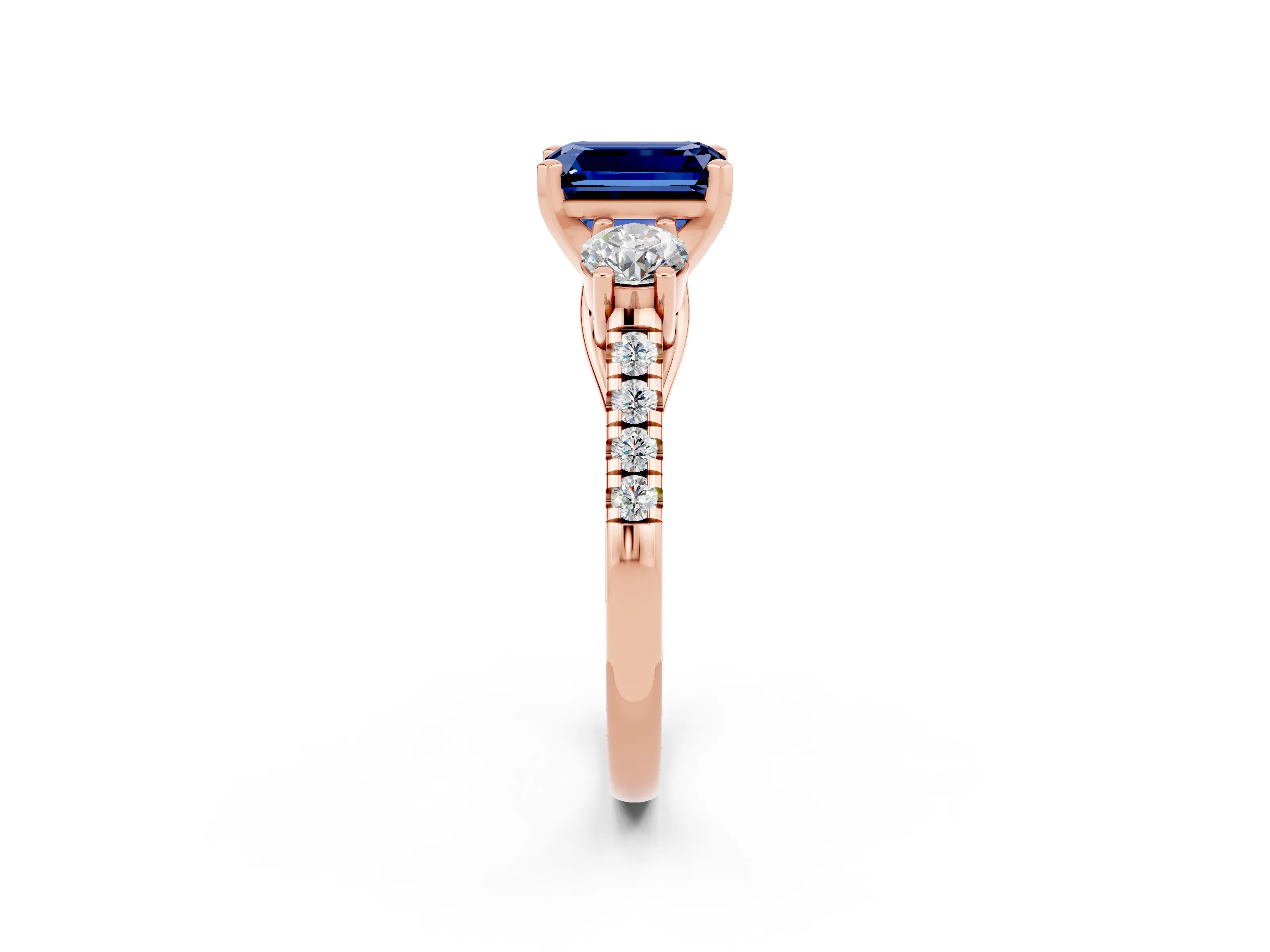 Rose gold Three-Stone Emerald Cut Blue Sapphire Pavé Band with Four-Prong Setting_2