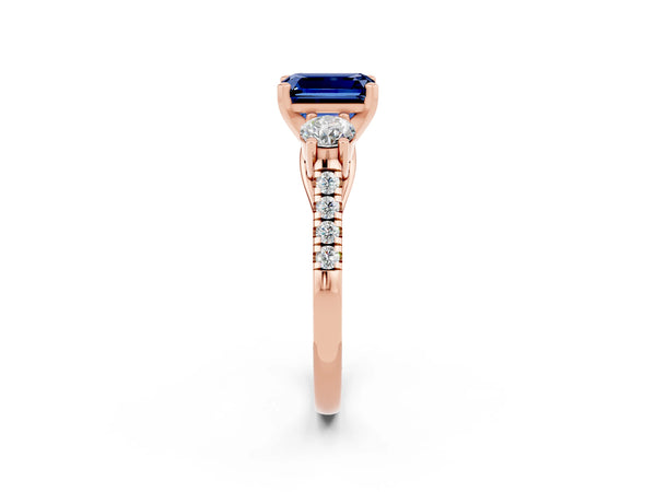 Rose gold Three-Stone Emerald Cut Blue Sapphire Pavé Band with Four-Prong Setting