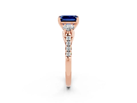 Rose gold Three-Stone Emerald Cut Blue Sapphire Pavé Band with Four-Prong Setting_2