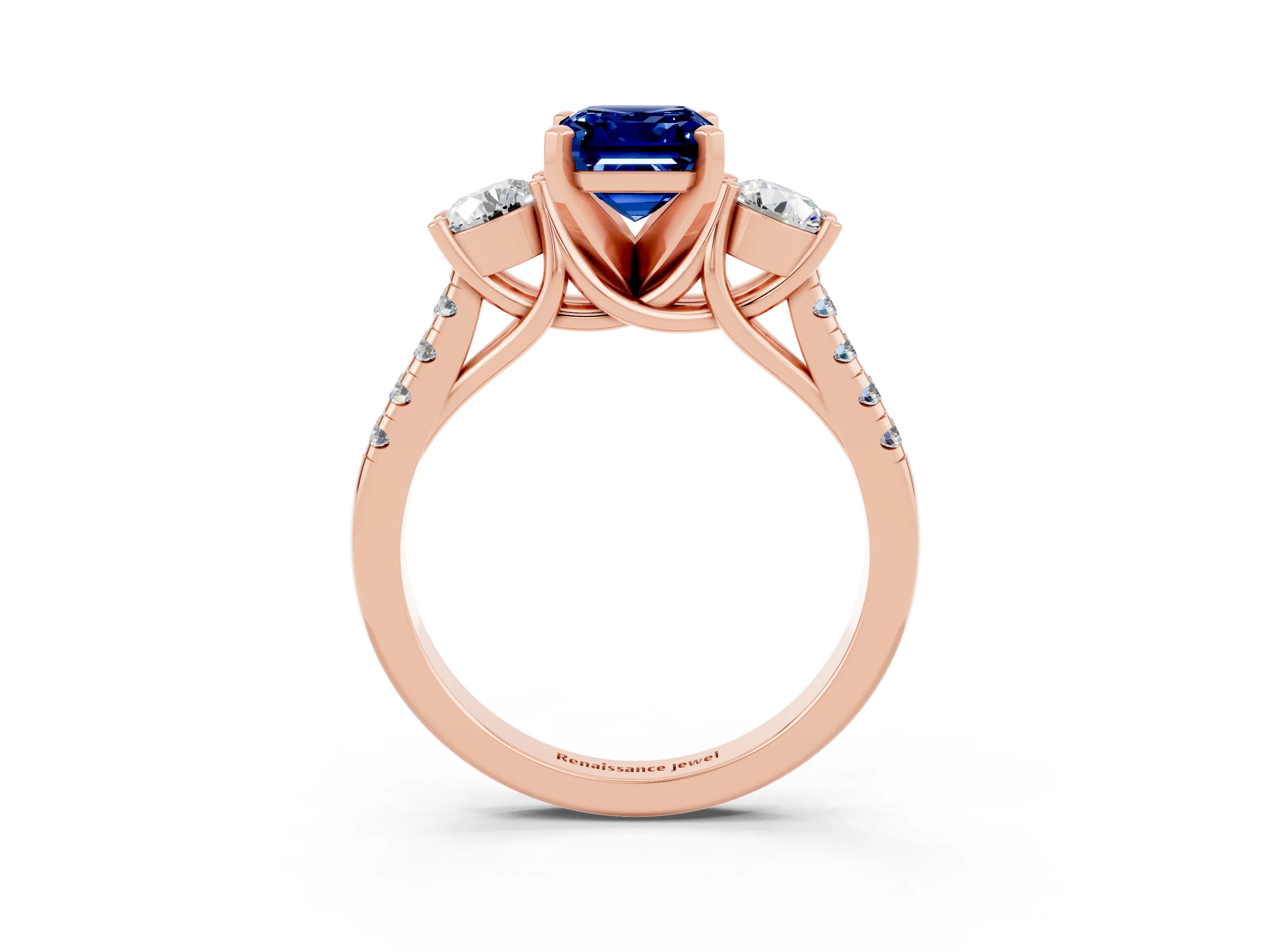 Rose gold Three-Stone Emerald Cut Blue Sapphire Pavé Band with Four-Prong Setting_3