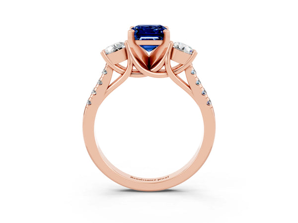Rose gold Three-Stone Emerald Cut Blue Sapphire Pavé Band with Four-Prong Setting