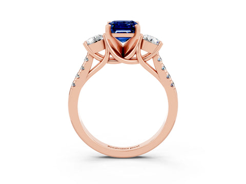 Rose gold Three-Stone Emerald Cut Blue Sapphire Pavé Band with Four-Prong Setting_3