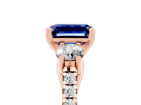 Rose gold Three-Stone Emerald Cut Blue Sapphire Pavé Band with Four-Prong Setting_5