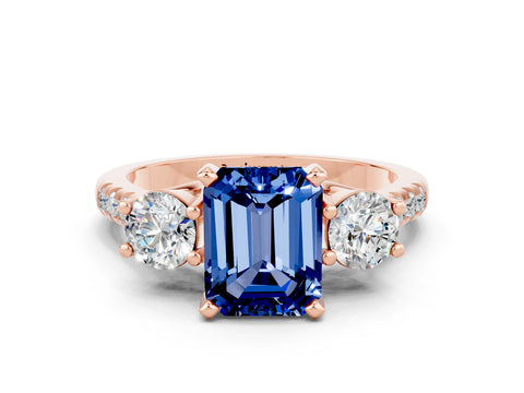 Rose gold Three-Stone Emerald Cut Blue Sapphire Pavé Band with Four-Prong Setting