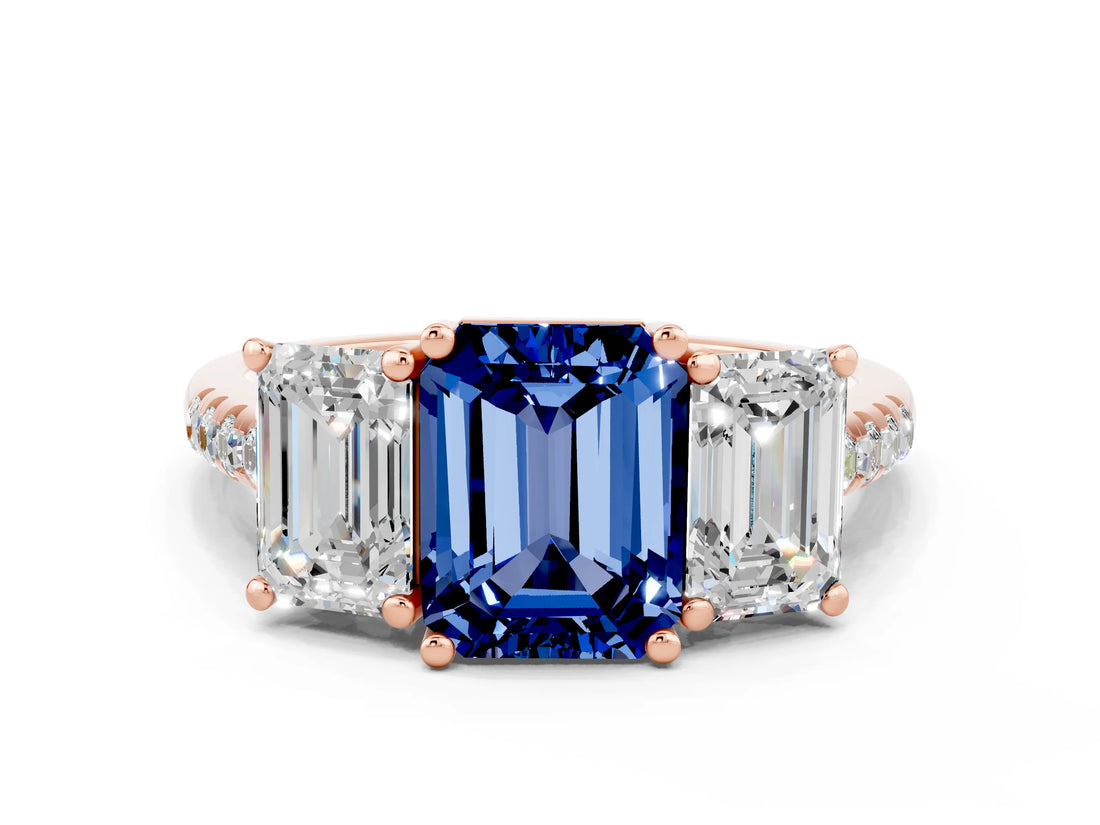 Rose gold Three-Stone Emerald Cut Blue Sapphire Ring with Pavé Band and Prong Setting_12