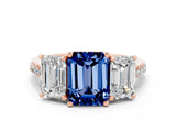 Rose gold Three-Stone Emerald Cut Blue Sapphire Ring with Pavé Band and Prong Setting_12