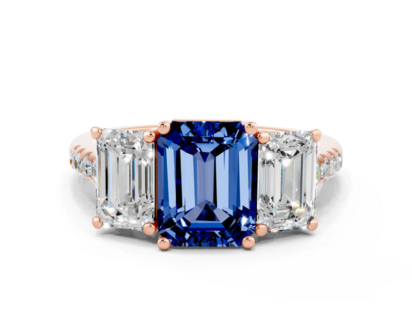 Rose gold Three-Stone Emerald Cut Blue Sapphire Ring with Round  Pavé Band and Prong Setting