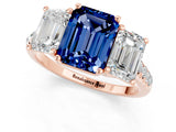 Rose gold Three-Stone Emerald Cut Blue Sapphire Ring with Pavé Band and Prong Setting_13