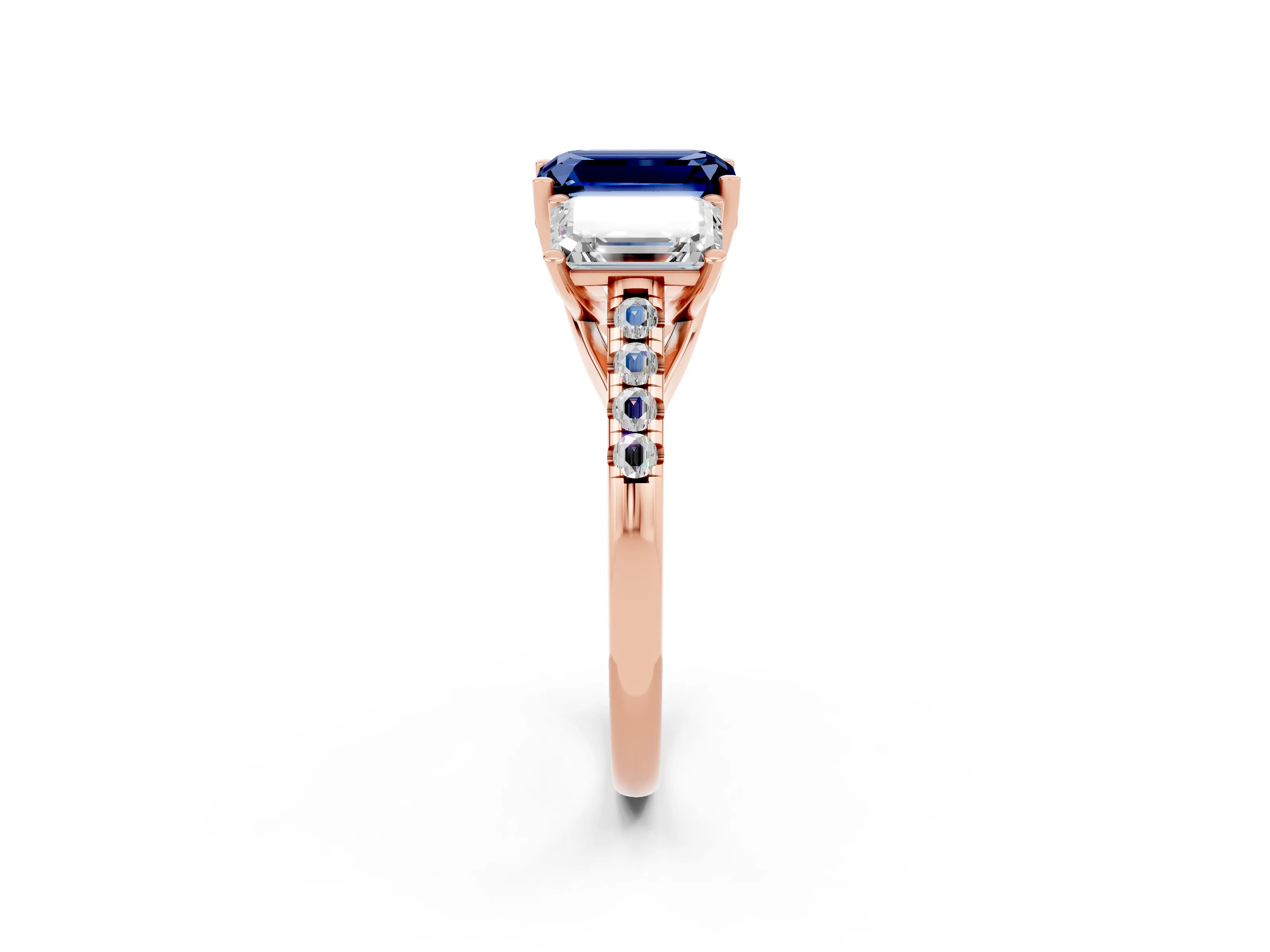 Rose gold Three-Stone Emerald Cut Blue Sapphire Ring with Pavé Band and Prong Setting_14