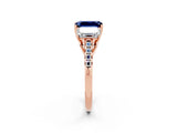 Rose gold Three-Stone Emerald Cut Blue Sapphire Ring with Pavé Band and Prong Setting_14