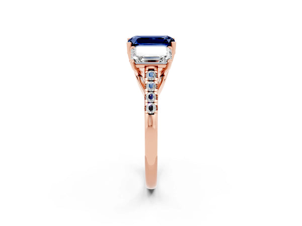 Rose gold Three-Stone Emerald Cut Blue Sapphire Ring with Round  Pavé Band and Prong Setting