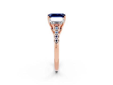 Rose gold Three-Stone Emerald Cut Blue Sapphire Ring with Pavé Band and Prong Setting_14