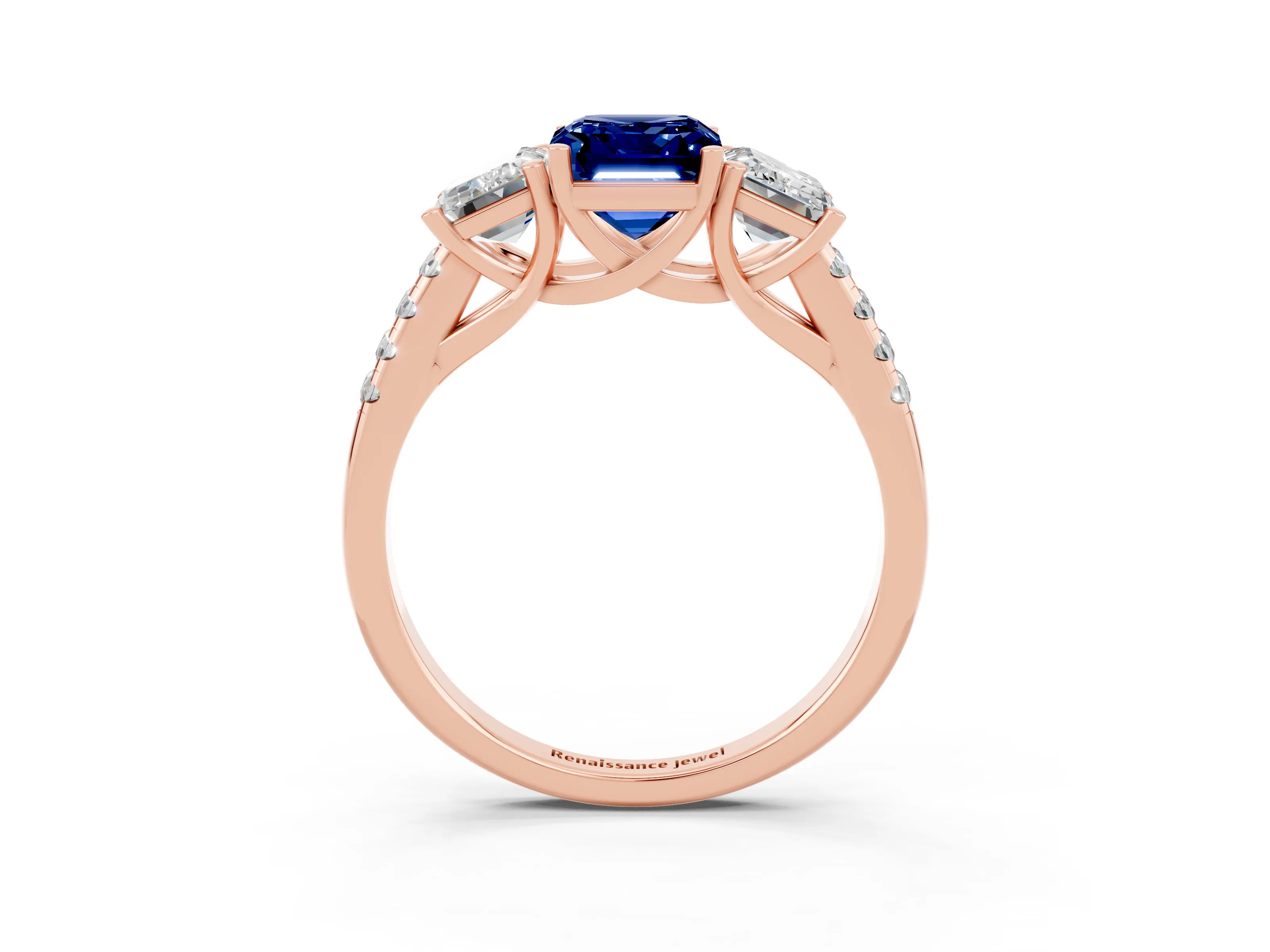 Rose gold Three-Stone Emerald Cut Blue Sapphire Ring with Pavé Band and Prong Setting_15