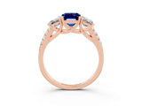 Rose gold Three-Stone Emerald Cut Blue Sapphire Ring with Pavé Band and Prong Setting_15