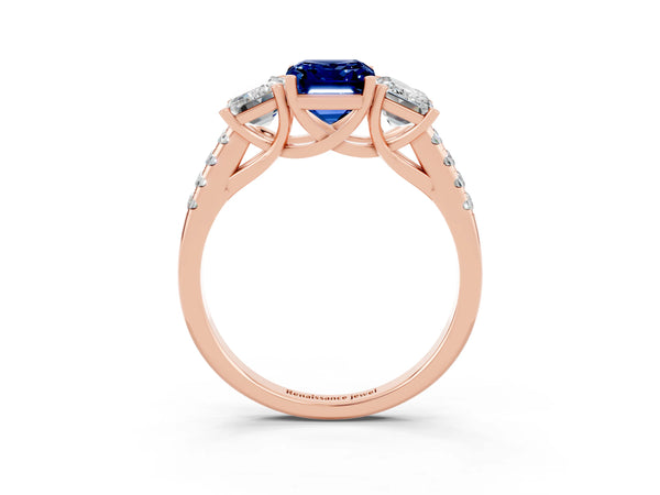 Rose gold Three-Stone Emerald Cut Blue Sapphire Ring with Round  Pavé Band and Prong Setting